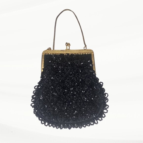 Vintage Styled by Encore Black Beaded and Sequined Kiss Lock Clutch/Evening Bag - Picture 3 of 7